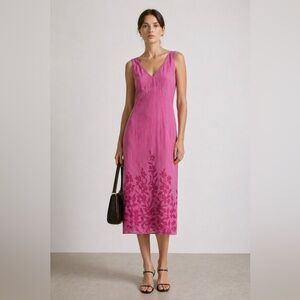 Vintage 90s silk sheath dress with tonal pink floral print at hem. Medium